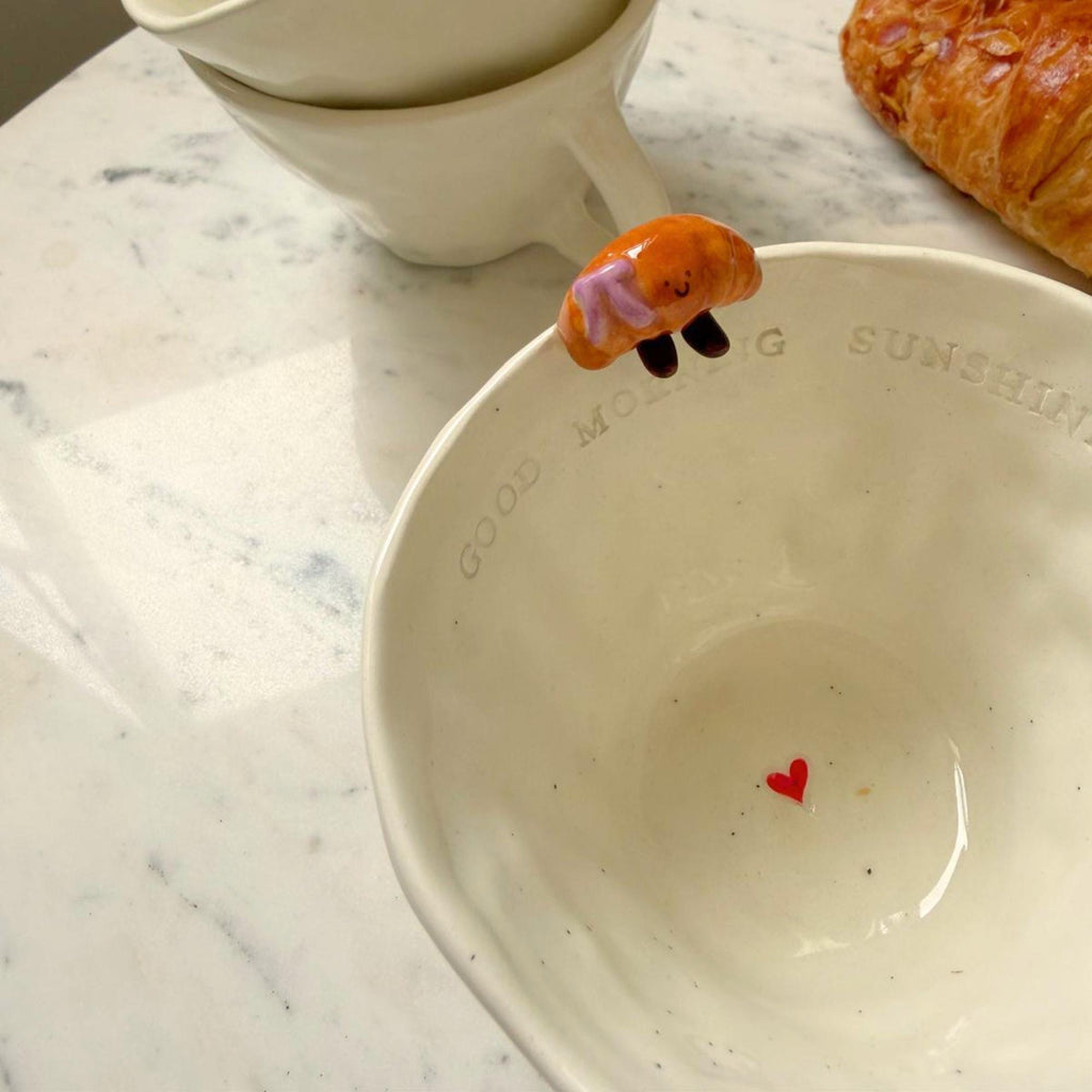 Handmade Ceramic Coffee Mug with Croissant & Heart Breakfast Gift