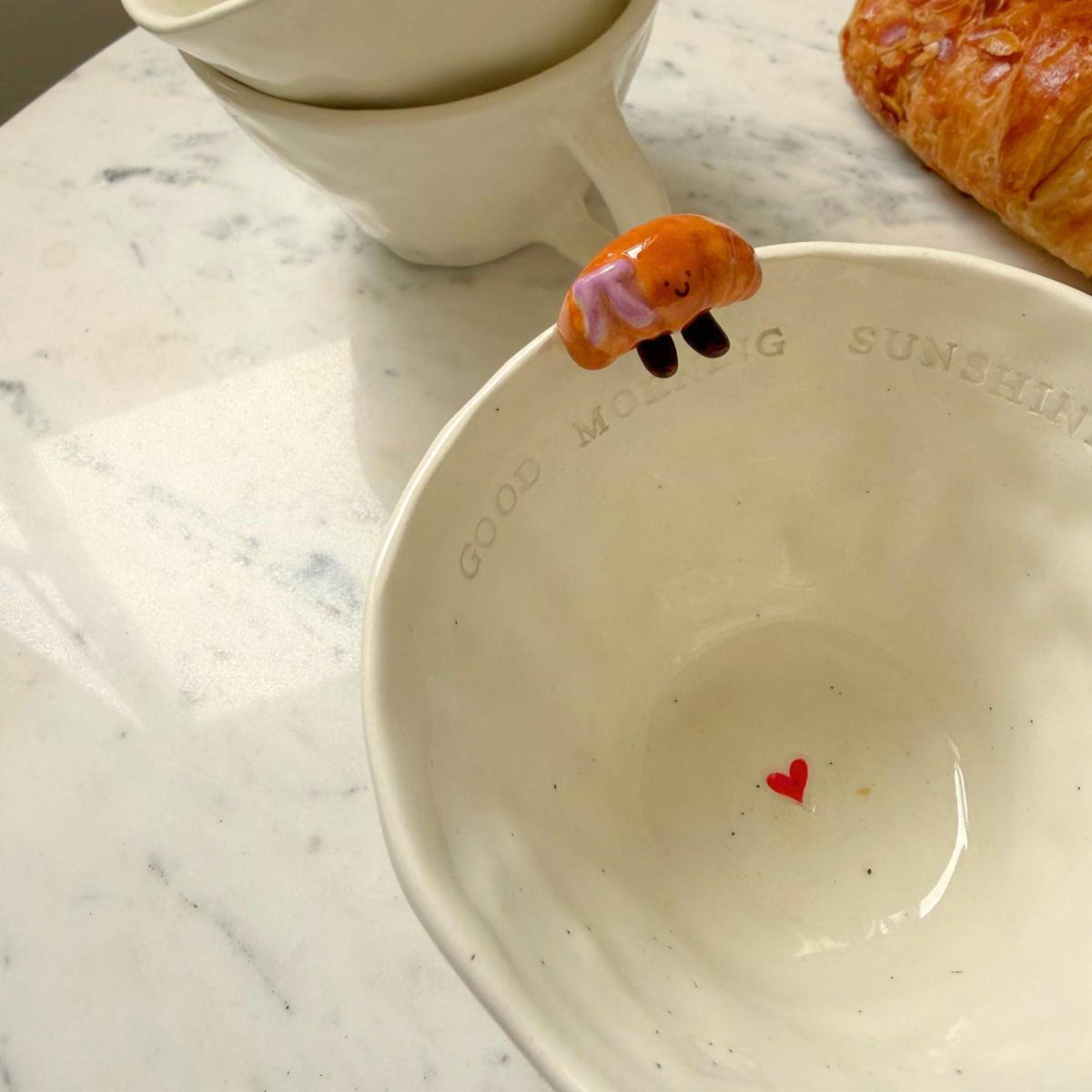 Handmade Ceramic Coffee Mug with Croissant & Heart Breakfast Gift