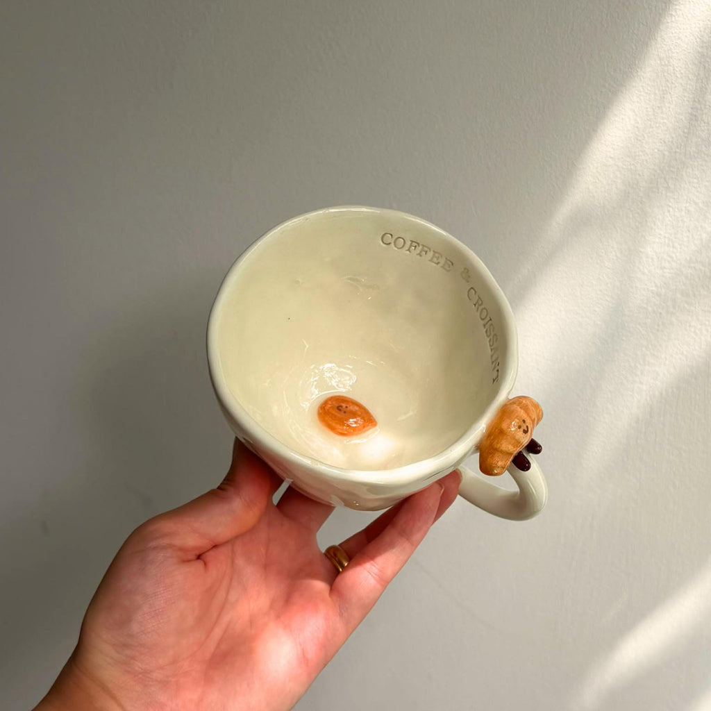 Handmade Cream Ceramic Coffee Mug, Croissant Rim Detail, Cozy Breakfast Cup