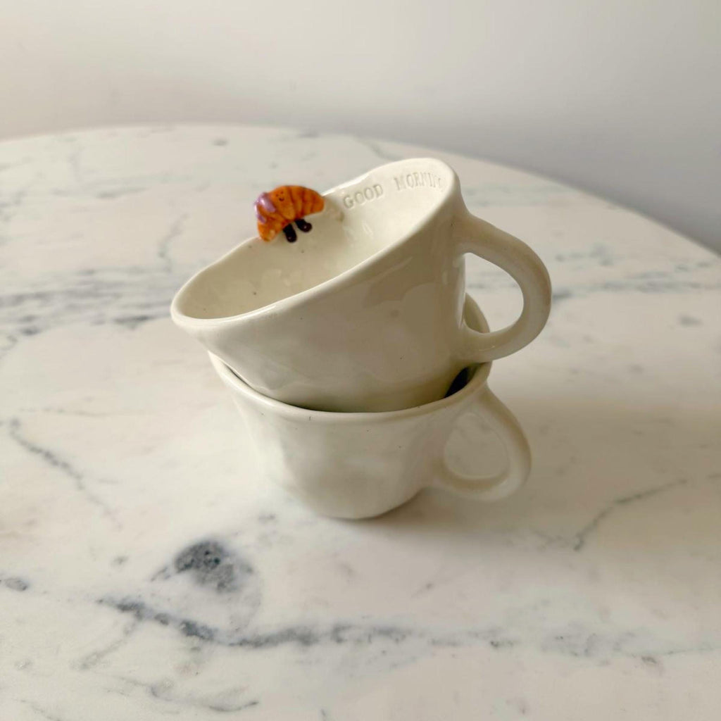 Handmade Ceramic Coffee Mug with Croissant & Heart Breakfast Gift