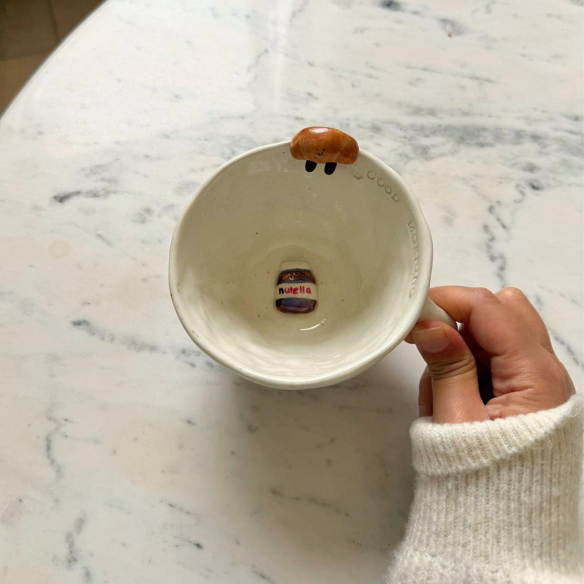 Coffee Mug Handmade Ceramic, Croissant Breakfast Cup with Chocolate Spread, French Pastry Gift
