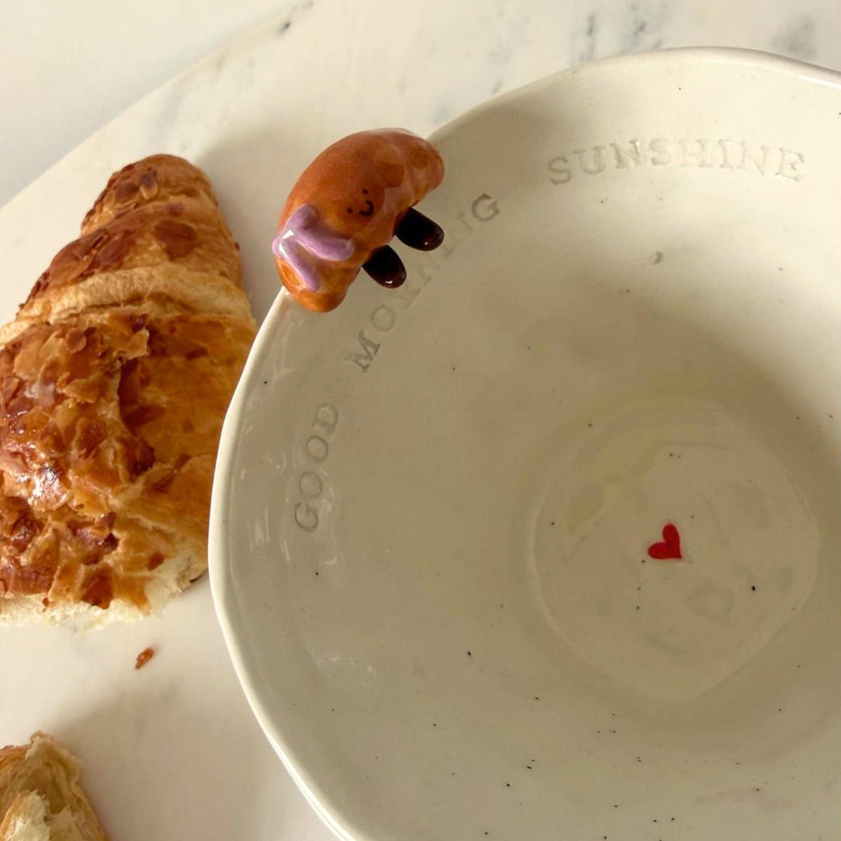 Handmade Ceramic Coffee Mug with Croissant & Heart Breakfast Gift