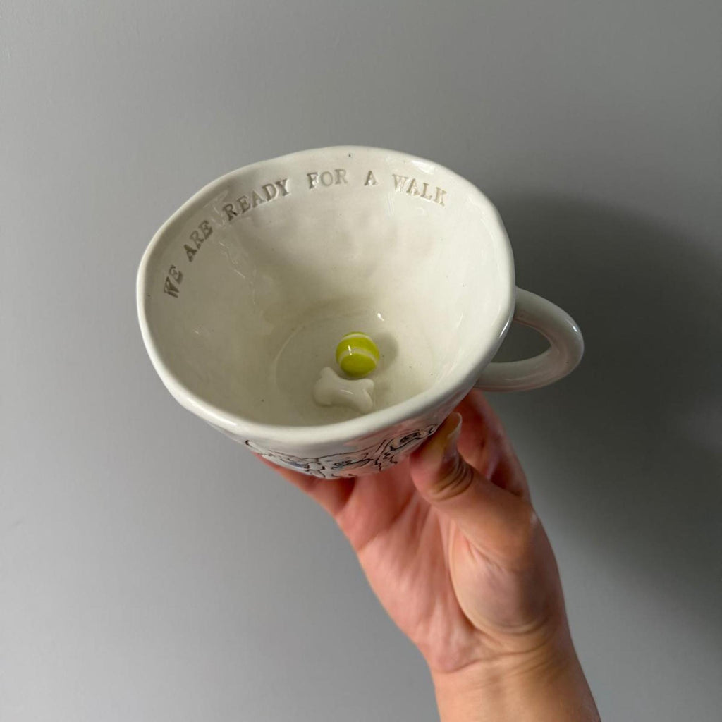 Handmade Ceramic Dog Mug, Three Dogs with Bone and Ball Detail