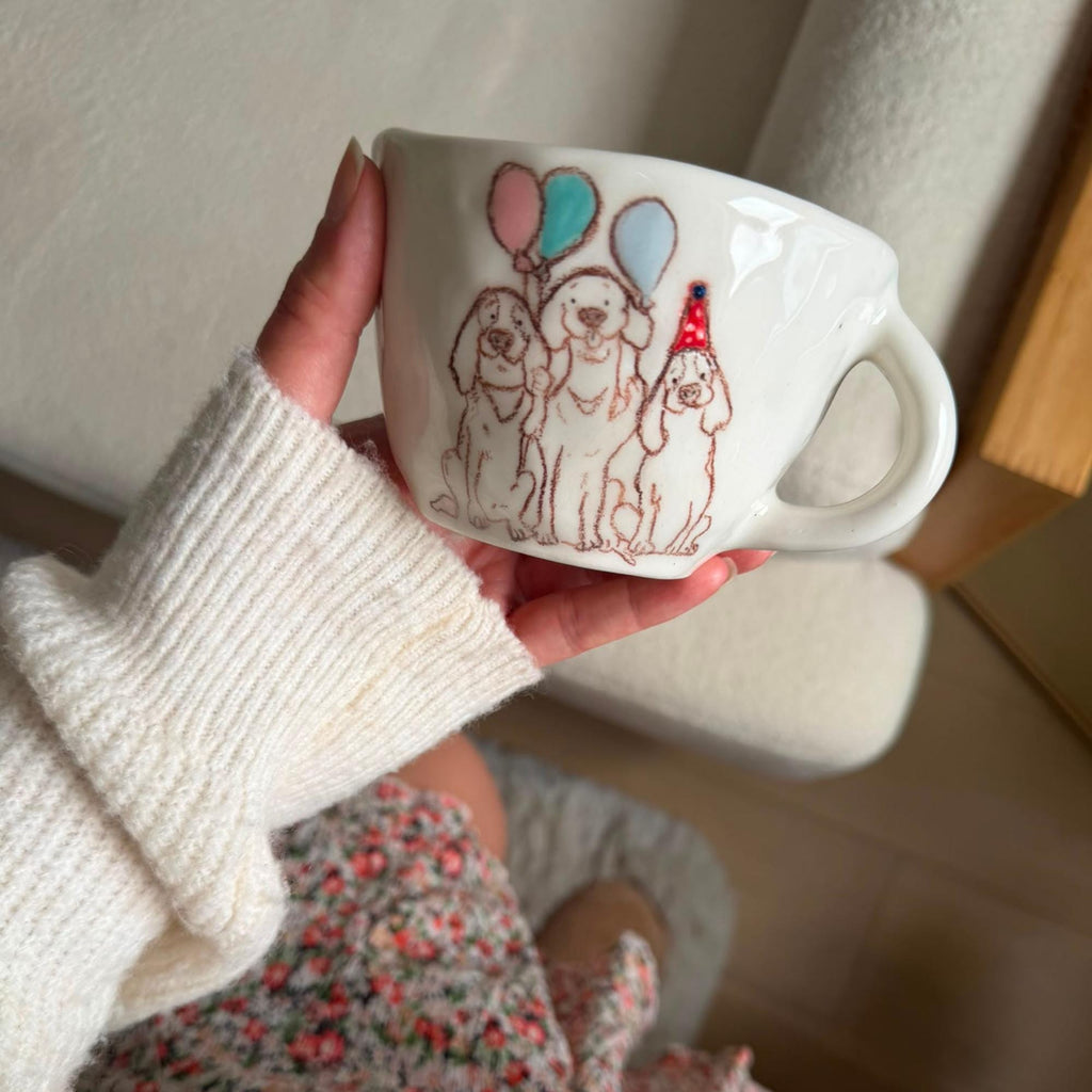 Handmade Ceramic Dog Mug, Birthday Puppy Lover Coffee Cup, Balloon Pottery Gift