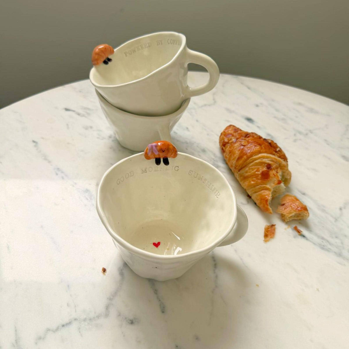 Handmade Ceramic Coffee Mug with Croissant & Heart Breakfast Gift