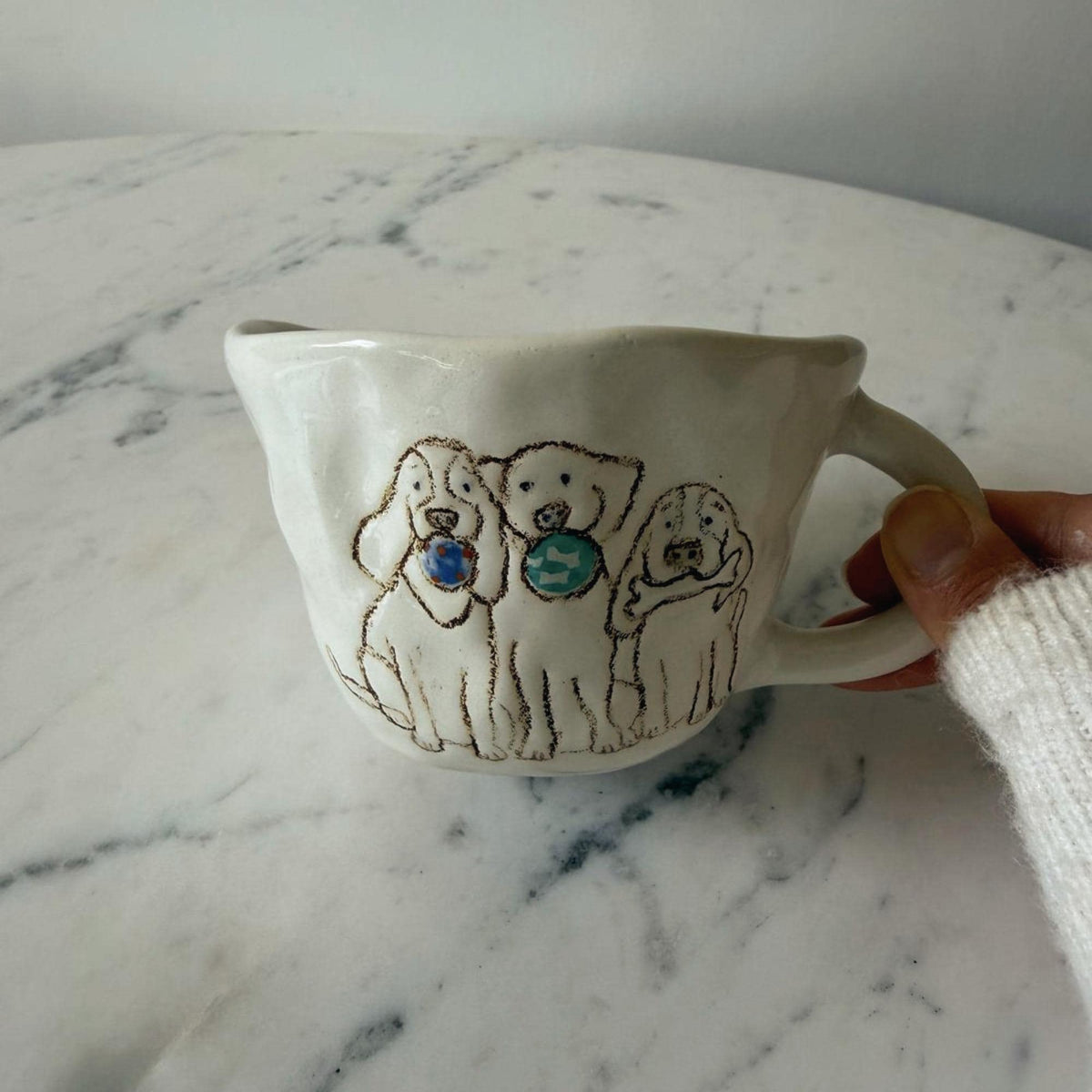 Handmade Ceramic Dog Mug, Three Dogs with Bone and Ball Detail