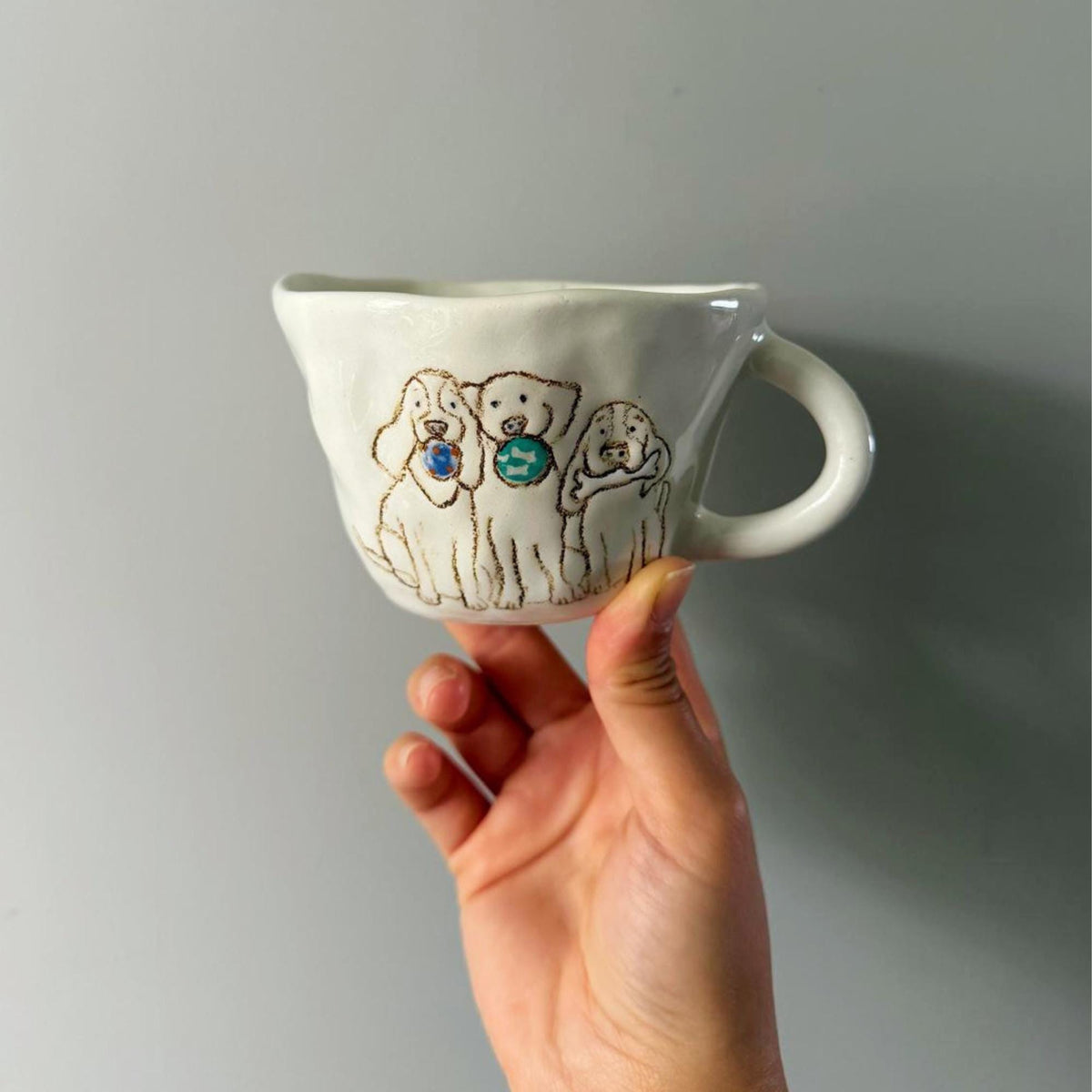 Handmade Ceramic Dog Mug, Three Dogs with Bone and Ball Detail