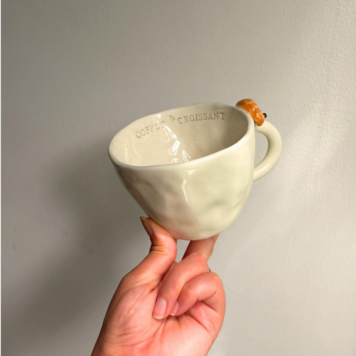 Handmade Cream Ceramic Coffee Mug, Croissant Rim Detail, Cozy Breakfast Cup