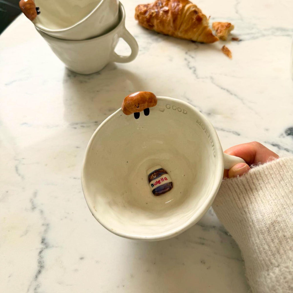 Coffee Mug Handmade Ceramic, Croissant Breakfast Cup with Chocolate Spread, French Pastry Gift