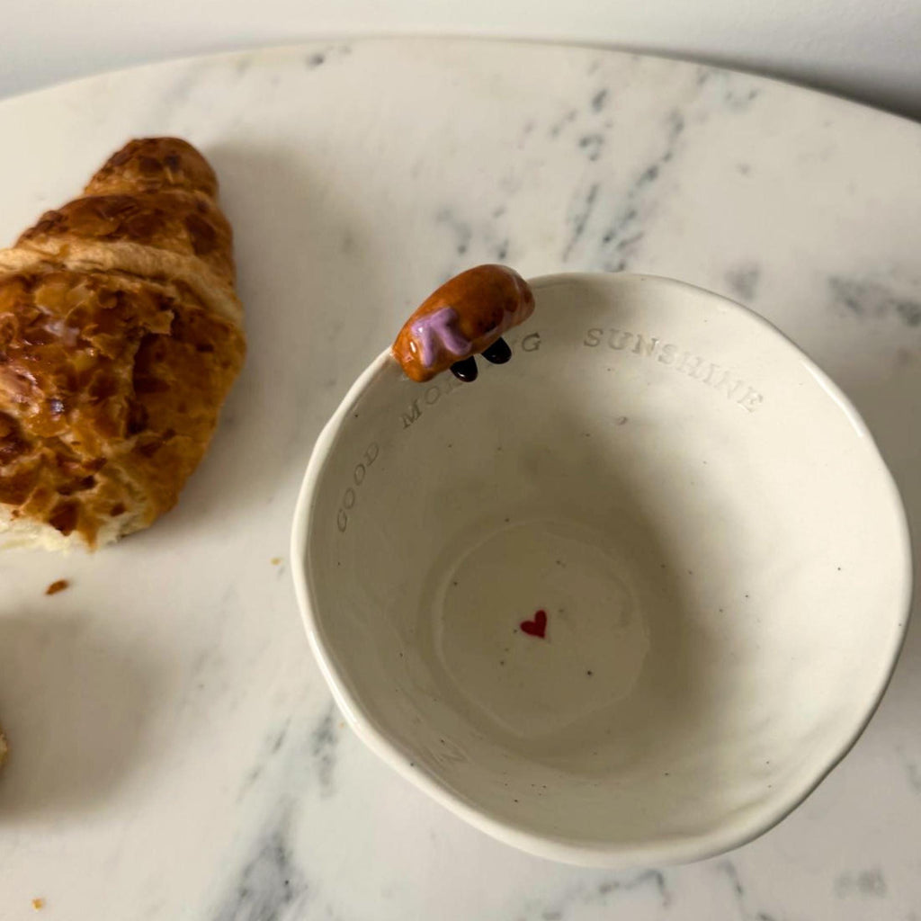 Handmade Ceramic Coffee Mug with Croissant & Heart Breakfast Gift