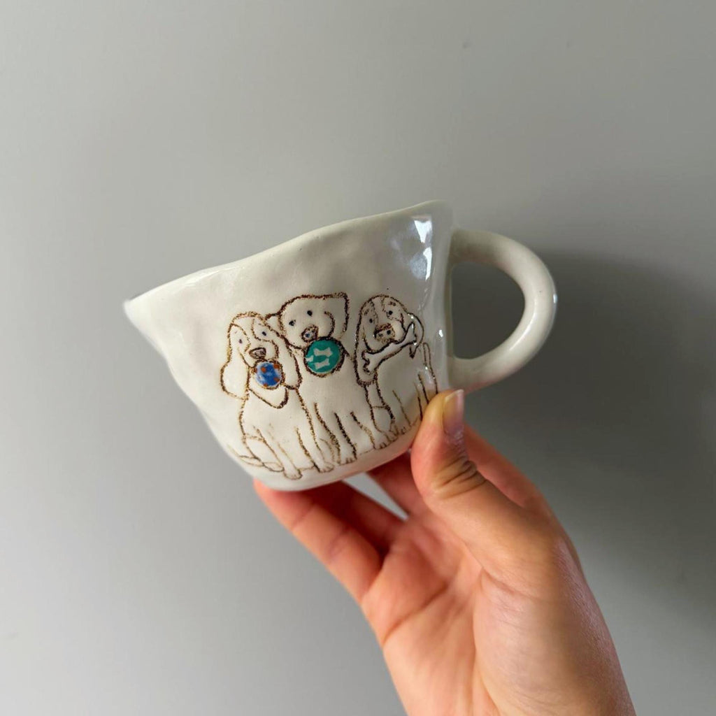 Handmade Ceramic Dog Mug, Three Dogs with Bone and Ball Detail