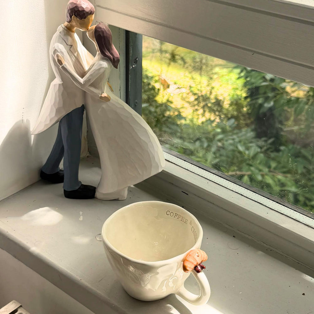 Handmade Cream Ceramic Coffee Mug, Croissant Rim Detail, Cozy Breakfast Cup
