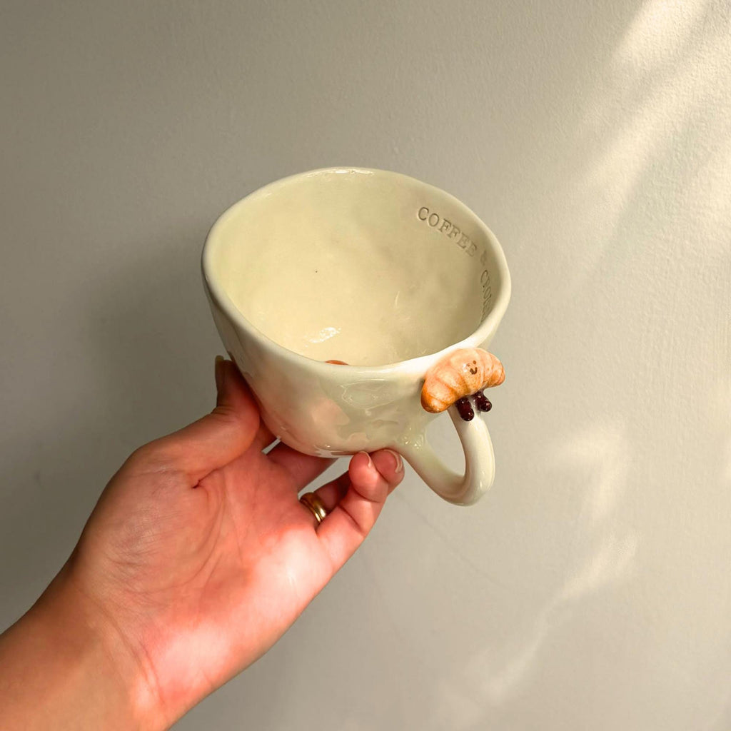 Handmade Cream Ceramic Coffee Mug, Croissant Rim Detail, Cozy Breakfast Cup