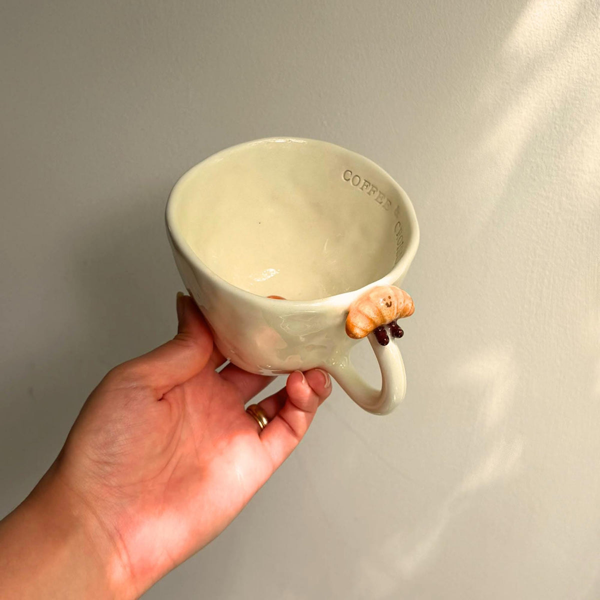 Handmade Cream Ceramic Coffee Mug, Croissant Rim Detail, Cozy Breakfast Cup