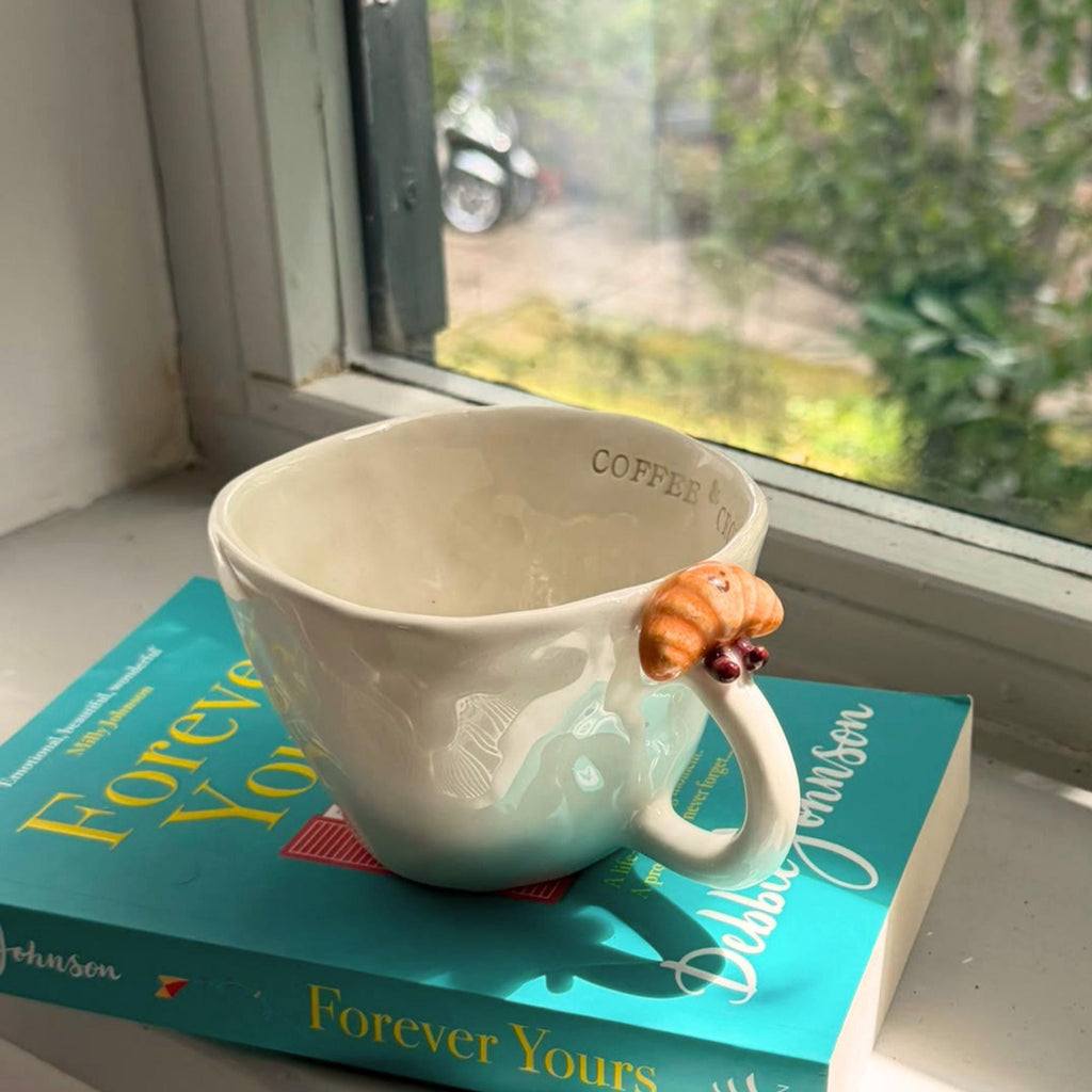 Handmade Cream Ceramic Coffee Mug, Croissant Rim Detail, Cozy Breakfast Cup
