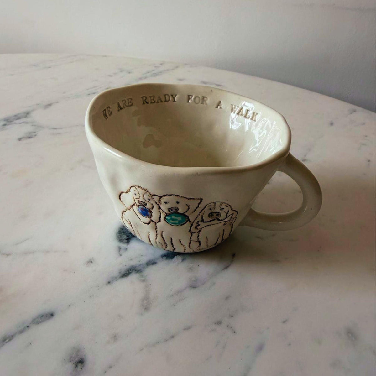Handmade Ceramic Dog Mug, Three Dogs with Bone and Ball Detail