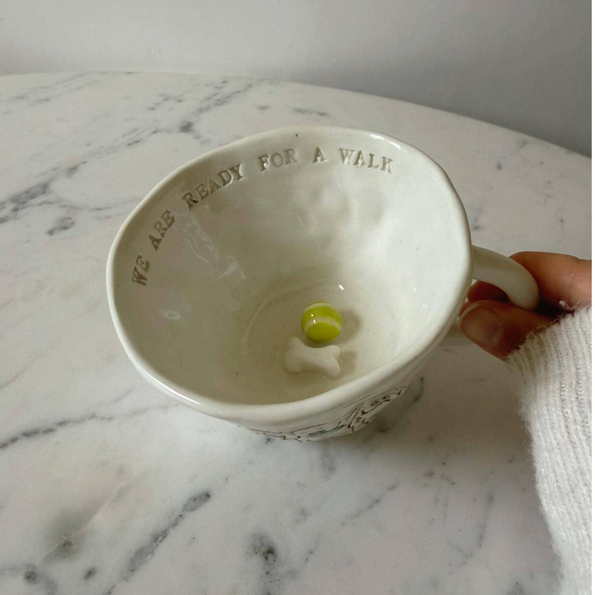 Handmade Ceramic Dog Mug, Three Dogs with Bone and Ball Detail