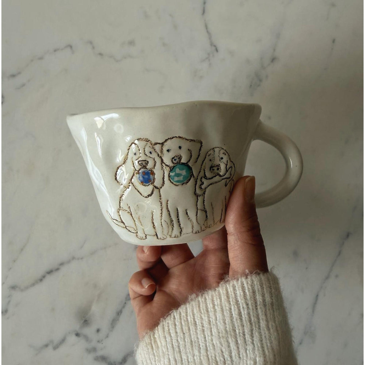 Handmade Ceramic Dog Mug, Three Dogs with Bone and Ball Detail